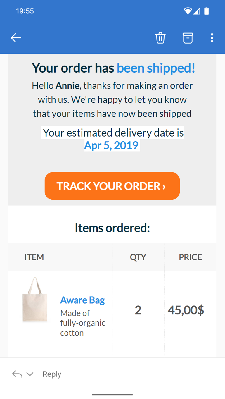 Order confirmation emails