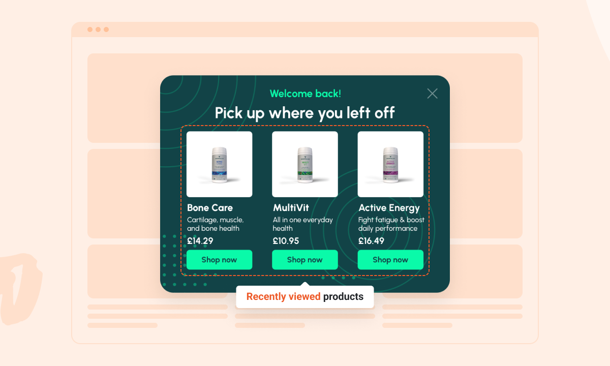 Welcome back popup with product recommendation based on user behavior