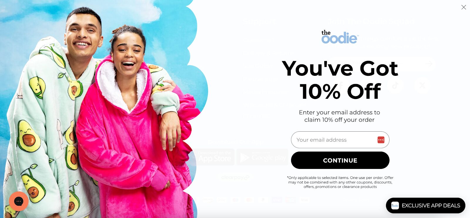 The Oodie’s yes/no popup asking who the visitor is shopping for with clear options.