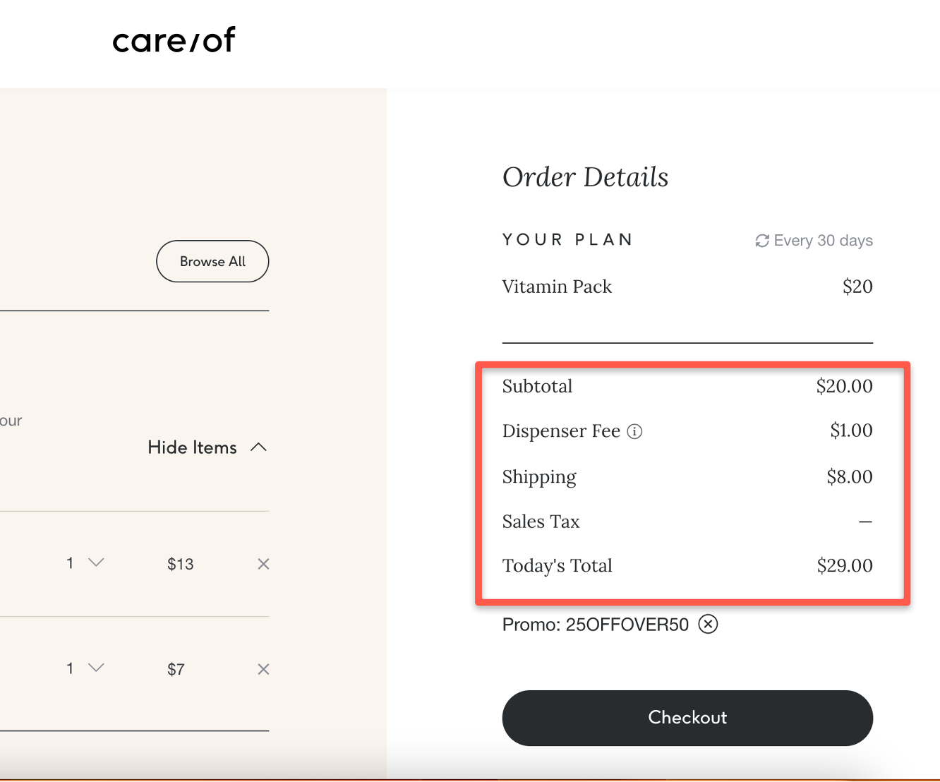 Care/of checkout page example