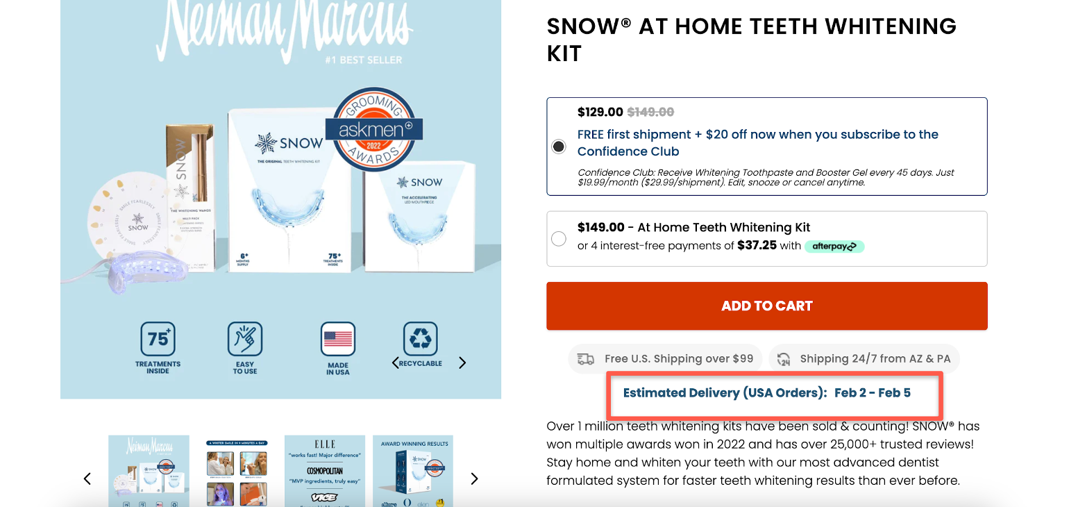 Snow®’s product page with estimated delivery