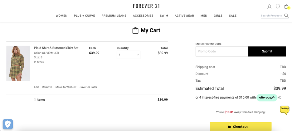 Forever 21 shopping cart design