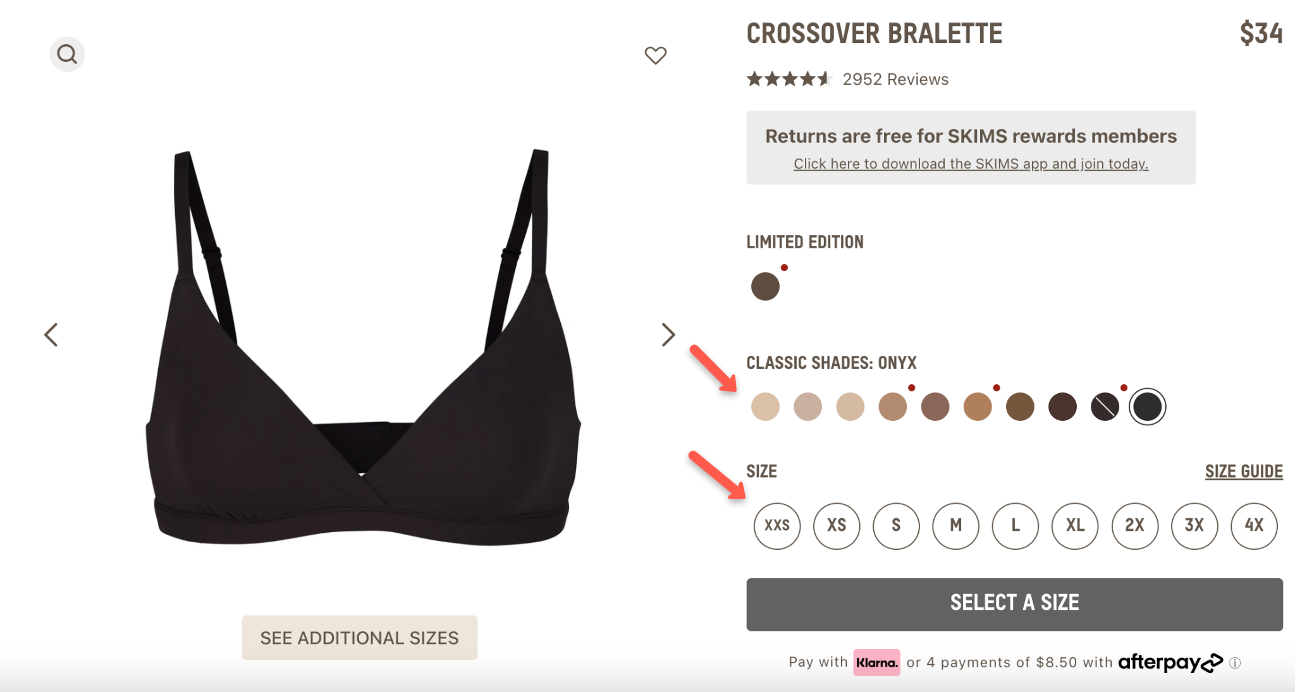 Skims size and shade options