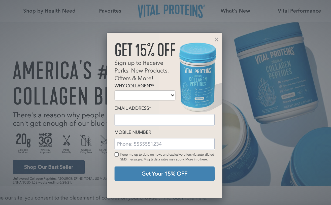 Vital Proteins SMS pop-up example