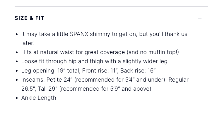 Spanx product details to find the right size