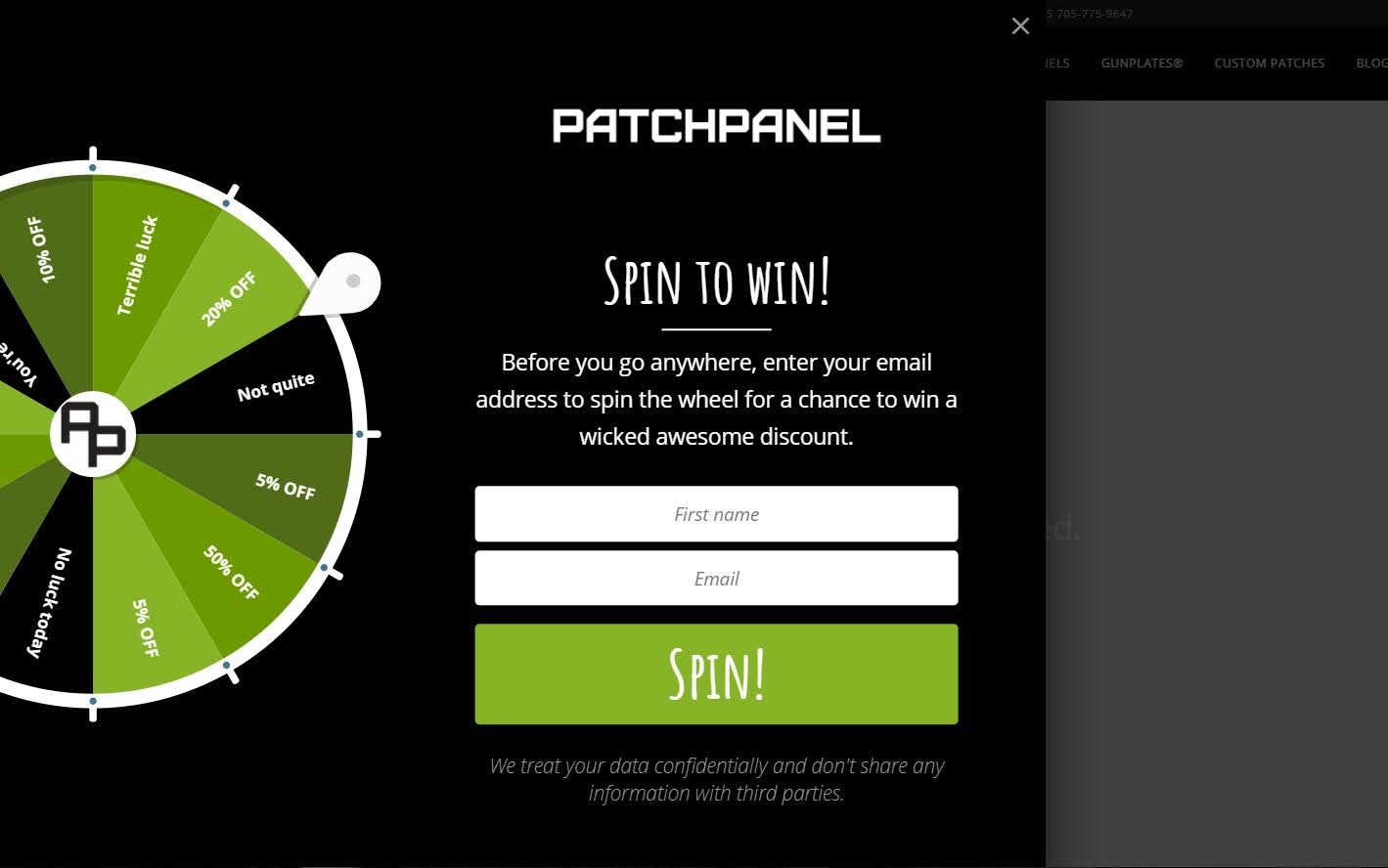 PatchPanel’s exit-intent spin-to-win popup offering discounts of up to 50% off.
