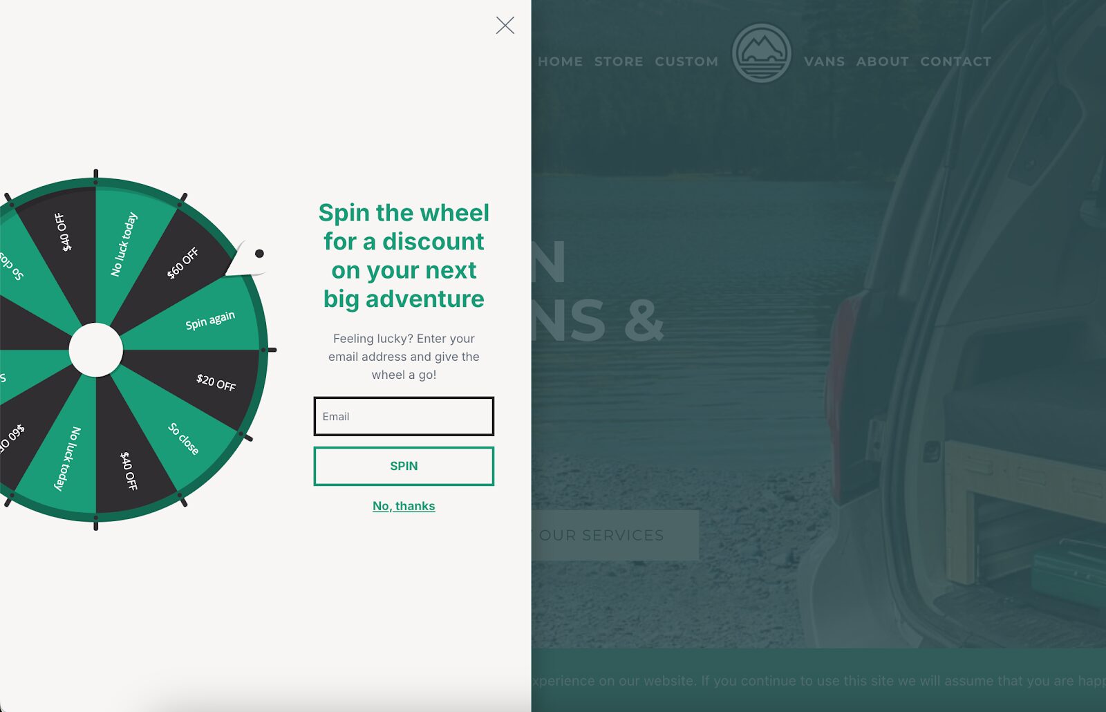 Camp N Car’s adventure-themed spin-to-win popup targeting outdoor enthusiasts with exciting rewards.