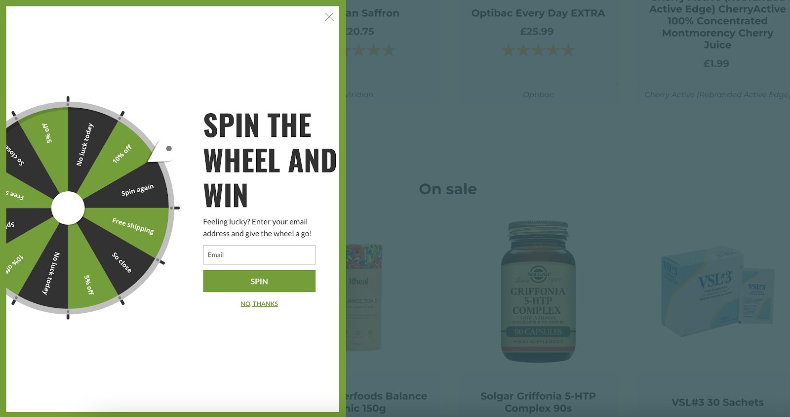 Approved Vitamins’ spin-the-wheel popup offering free shipping and discounts on health supplements.