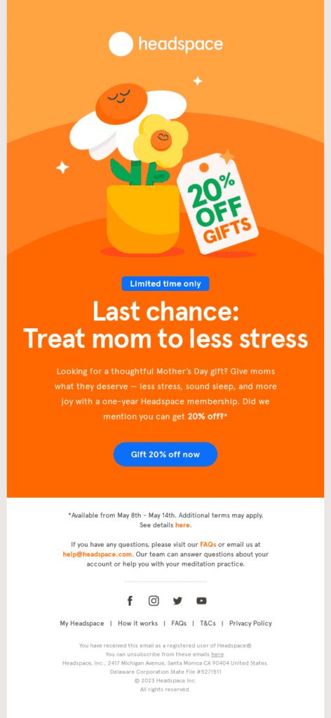 Headspace sending helpful emails to their subscribers as part of their Mother's day sale