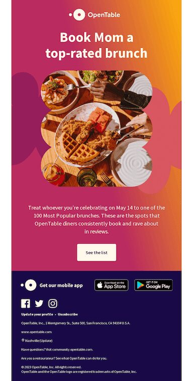 OpenTable's email about booking a brunch to your Mom as a Mother's day gift.