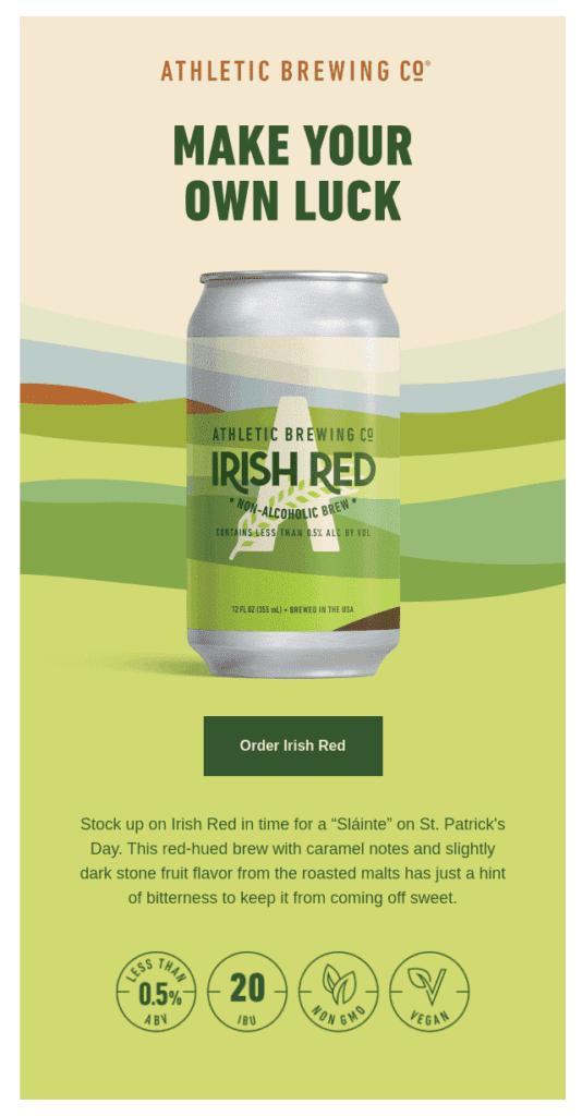 Athletic Brewing Co.'s marketing startegy involves offering green themed beer, calling it: "Irish Red".