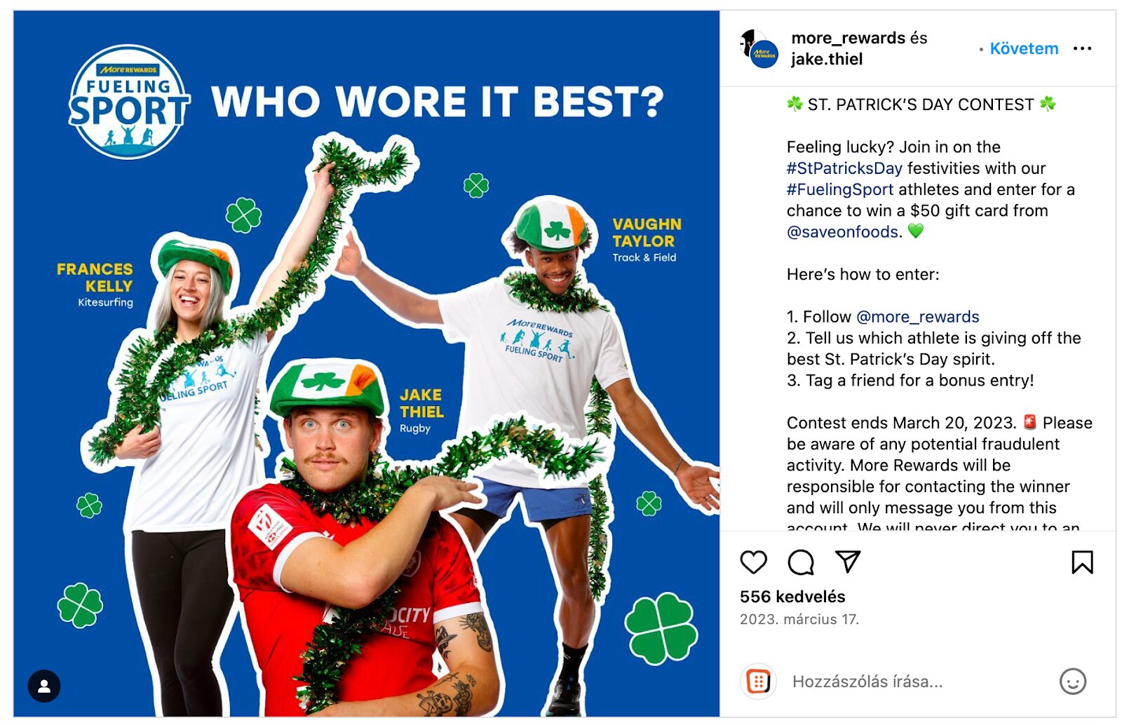 Fueling Sports having a social media contest wearing green garlands, and hats with four leaf clover as part of their St Patrick's day marketing.