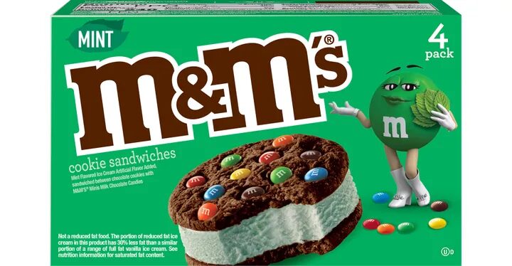 M&M's took green merchandise to the next level, by having a green packaging for their mint cookie sandwich.