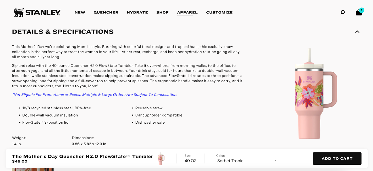 Stanley product description uses descriptive language