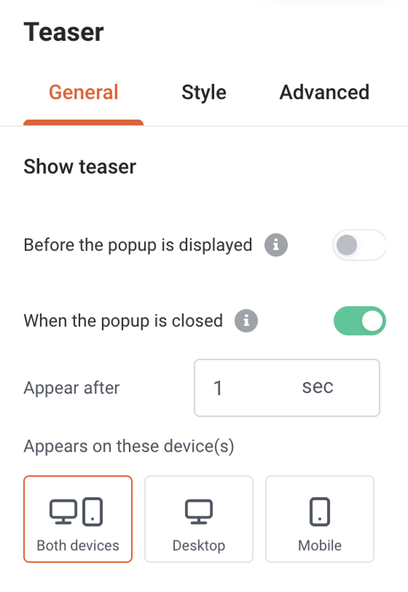 Teaser display settings