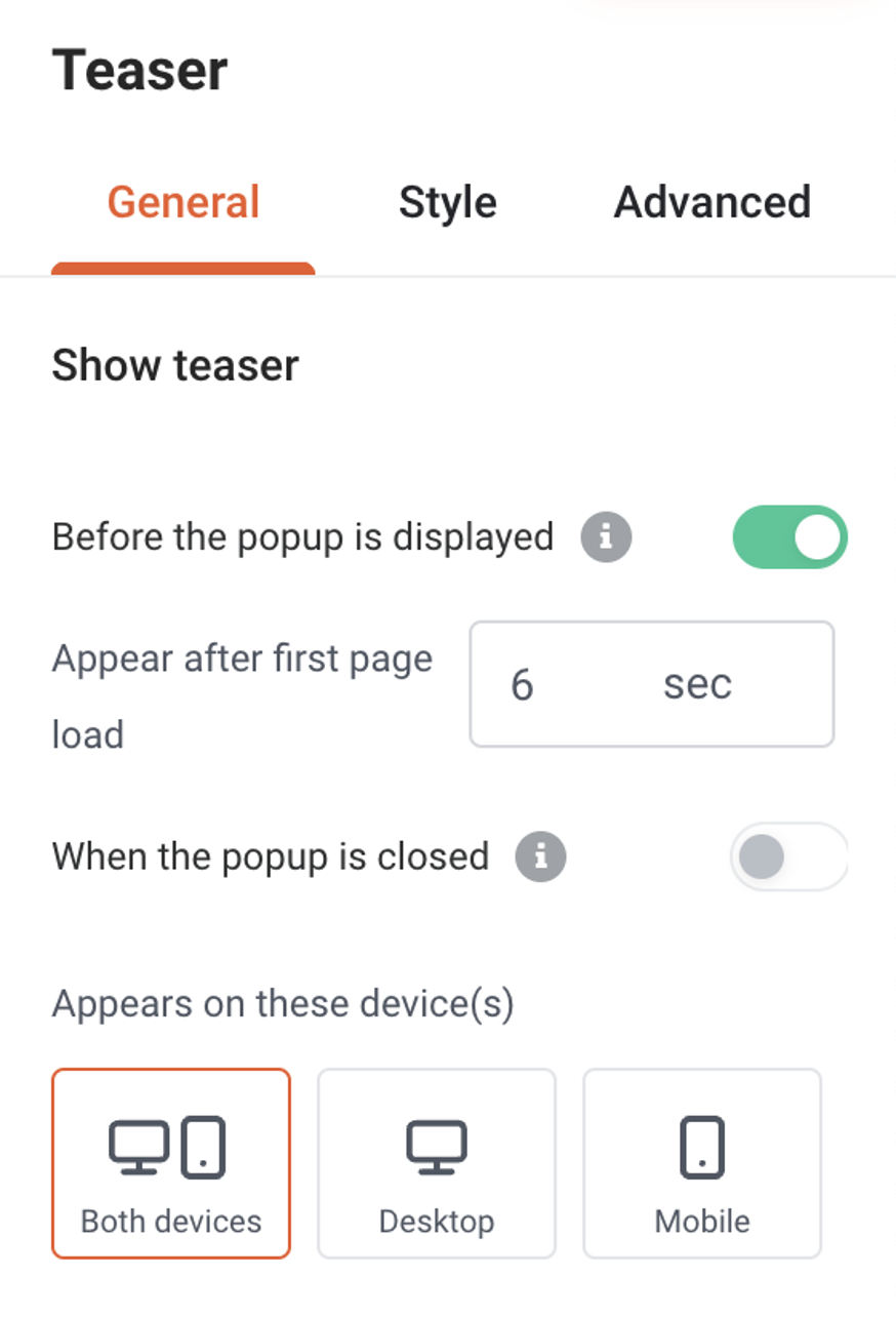 Teaser display settings