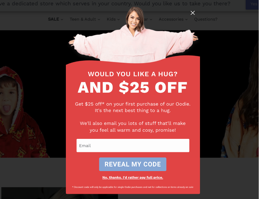 The Oodie exit-intent pop-up example