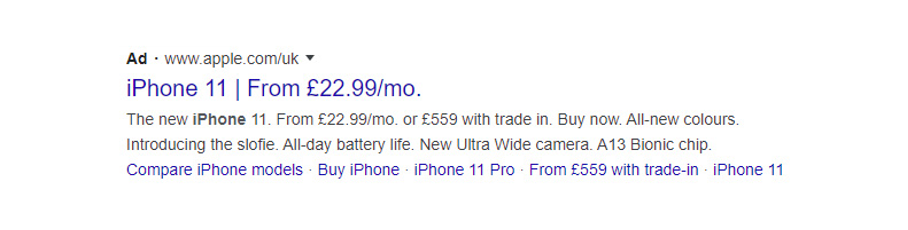 Ecommerce advertising example on Google Ads