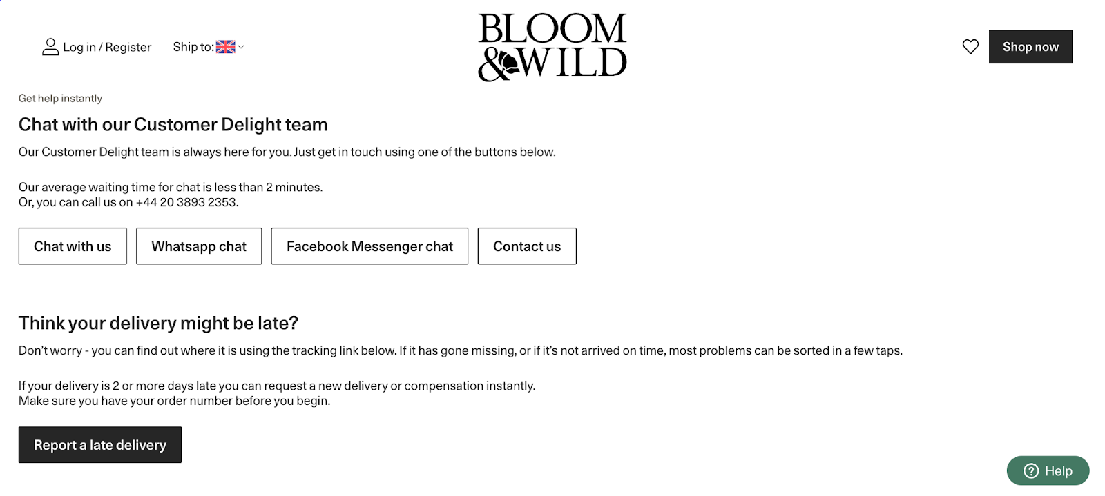 Bloom & Wild offers multiple contact options.