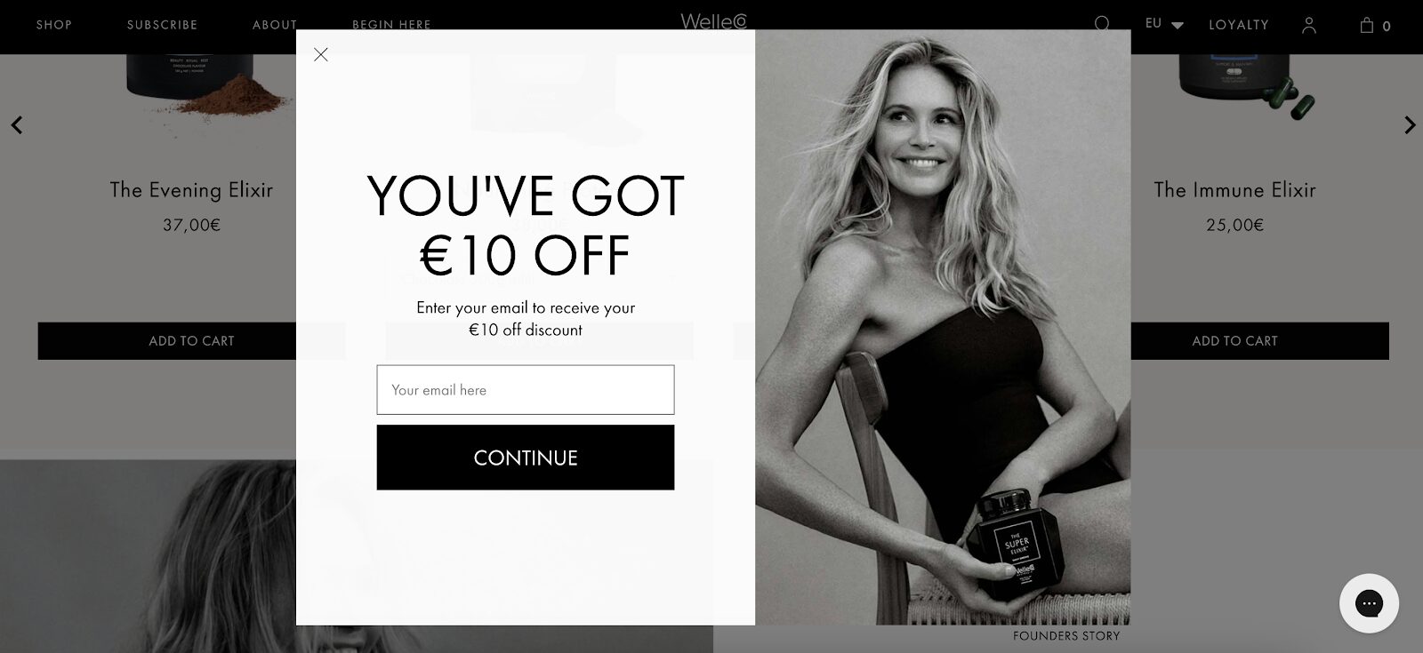 WelleCo’s minimalistic two-step popup offering €10 off for email sign-up.