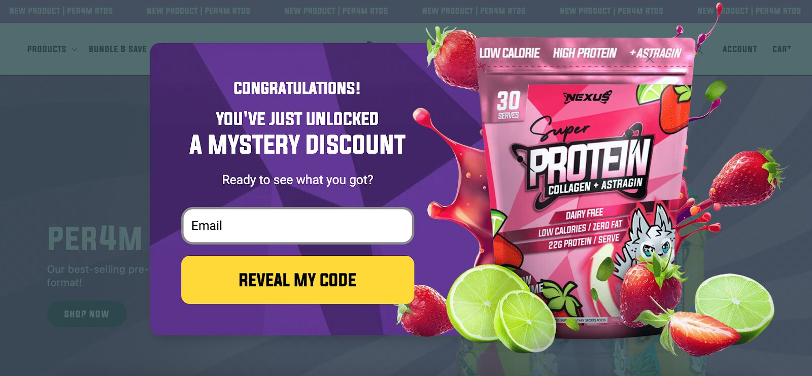 Nexus Sports Nutrition’s mystery discount popup is a game changer with an option to join their SMS club for exclusive perks.