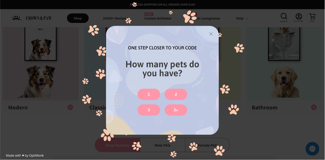 Crown & Paw marketing experiments for an email popup