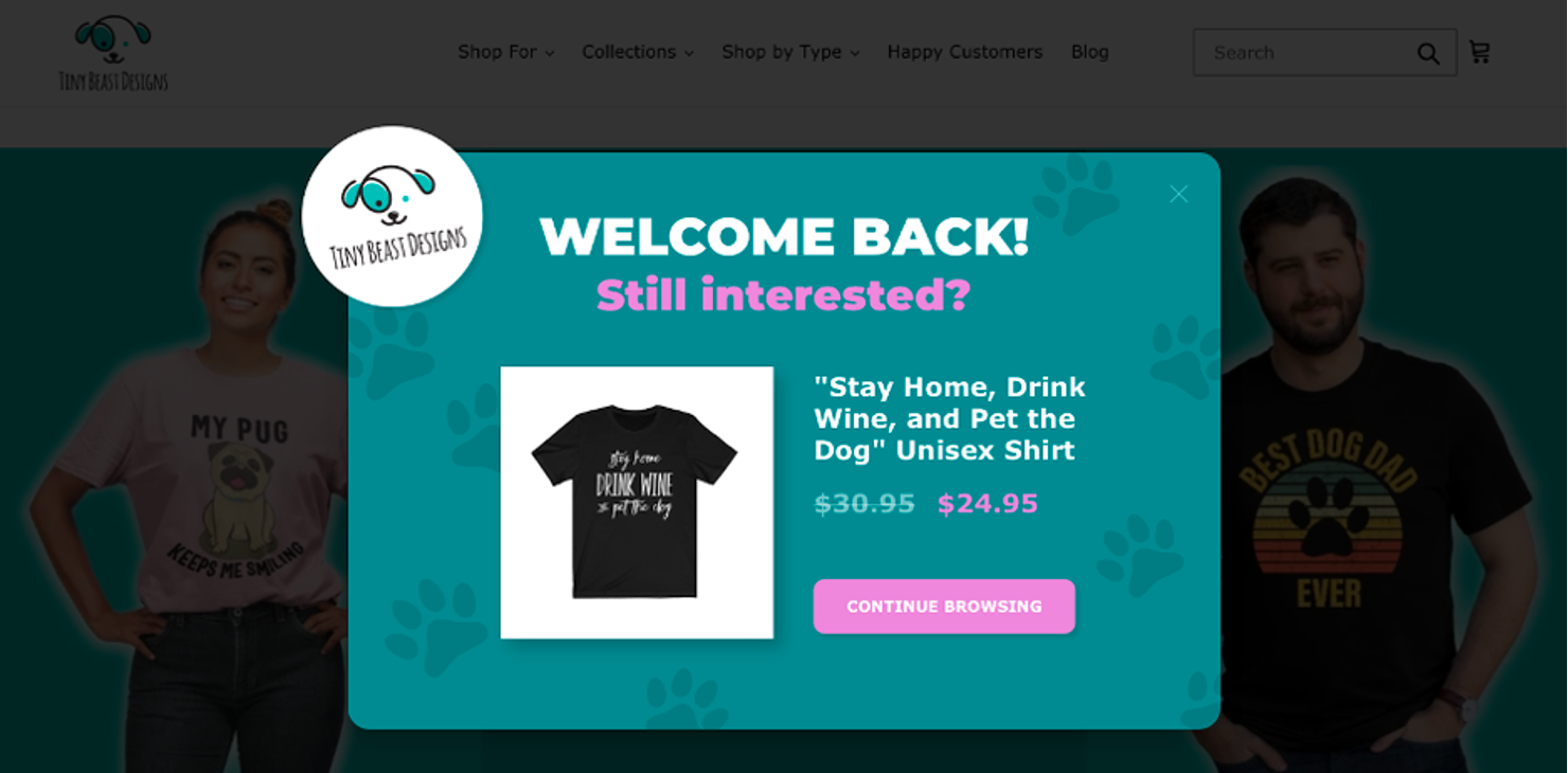 Tiny Beast design implement personalized popup for returning visitor