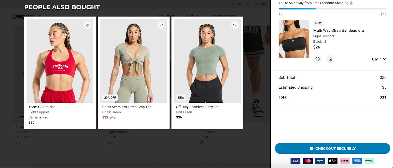 Gymshark offers 3 additional products on their Shopify upsell popup.