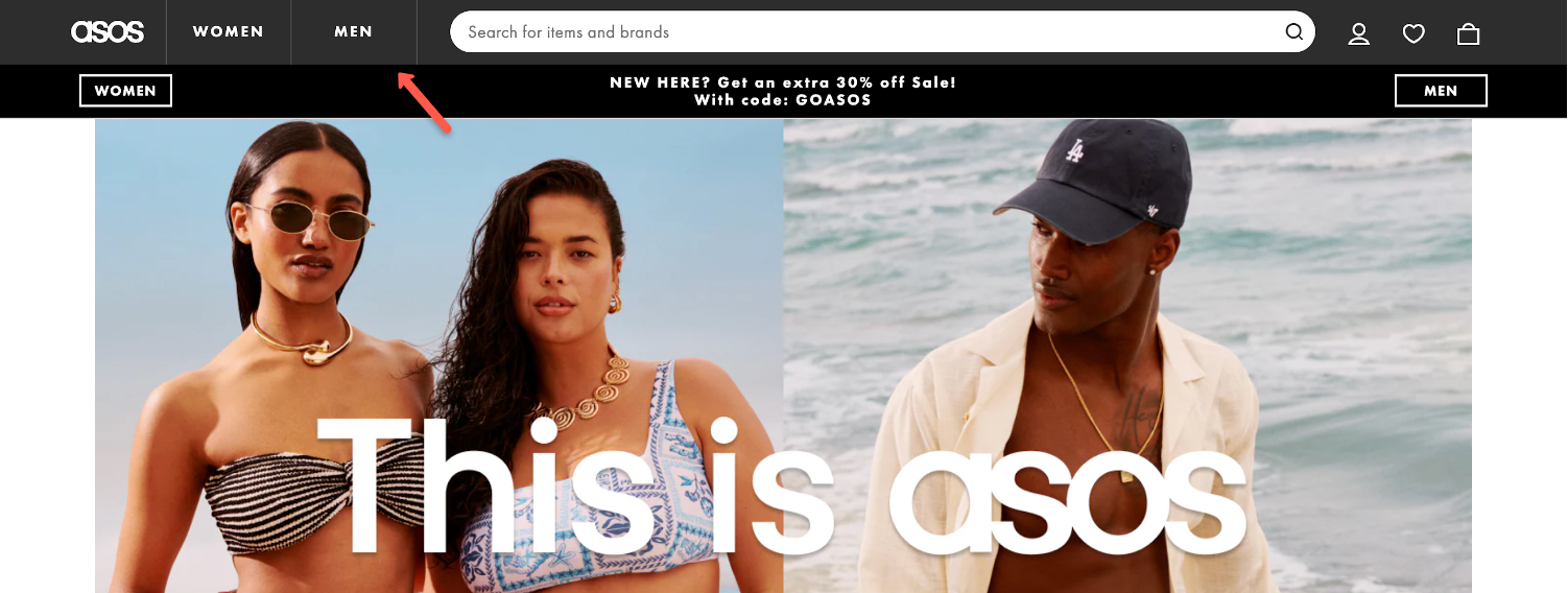 ASOS navigation menu for UX optimization