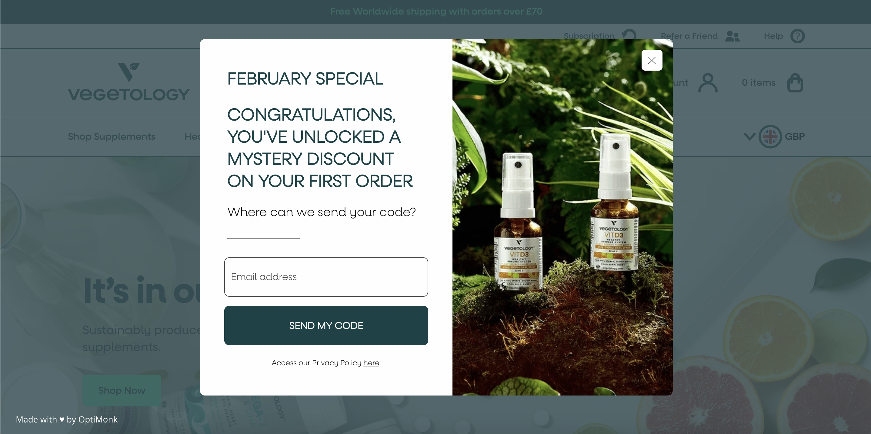 Vegetology email popup