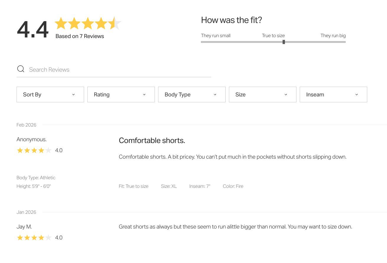 Vuori's product page features customer reviews