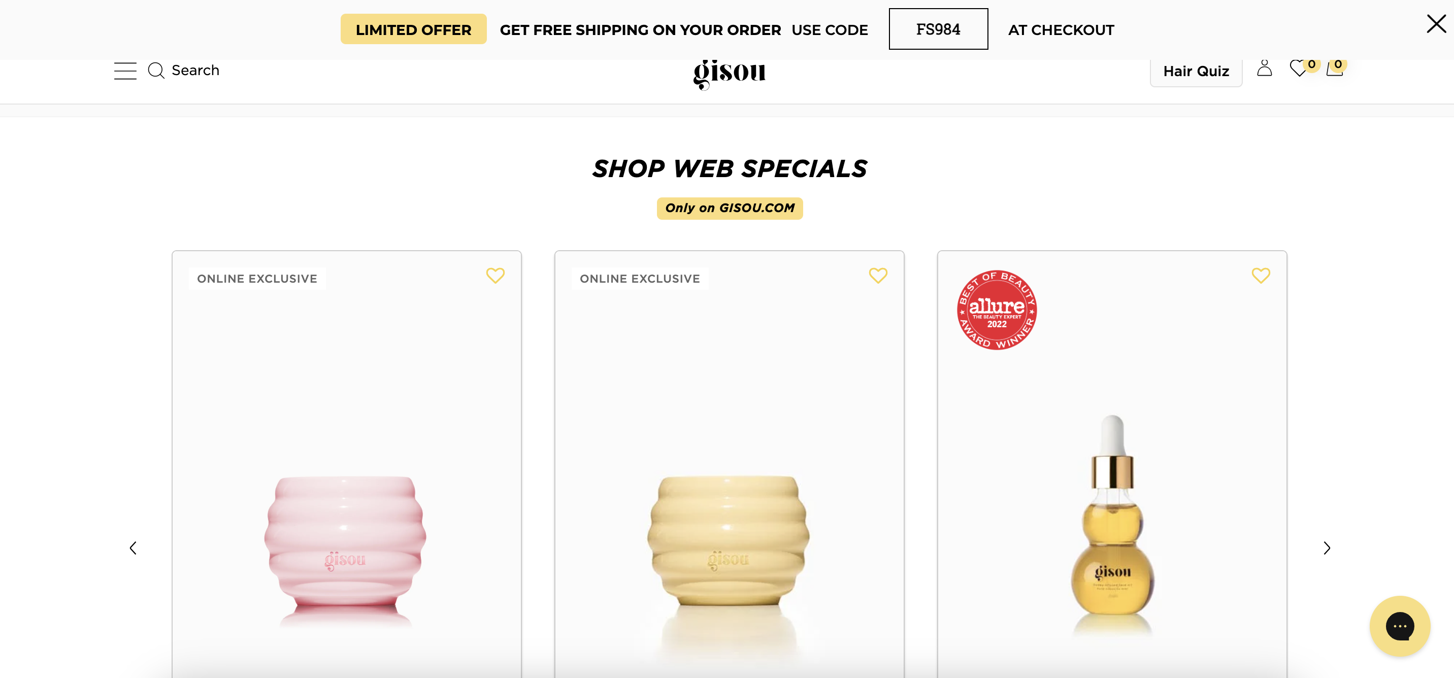 Gisou's floating bar creates a sense of urgency with their limited offer showing on their landing page