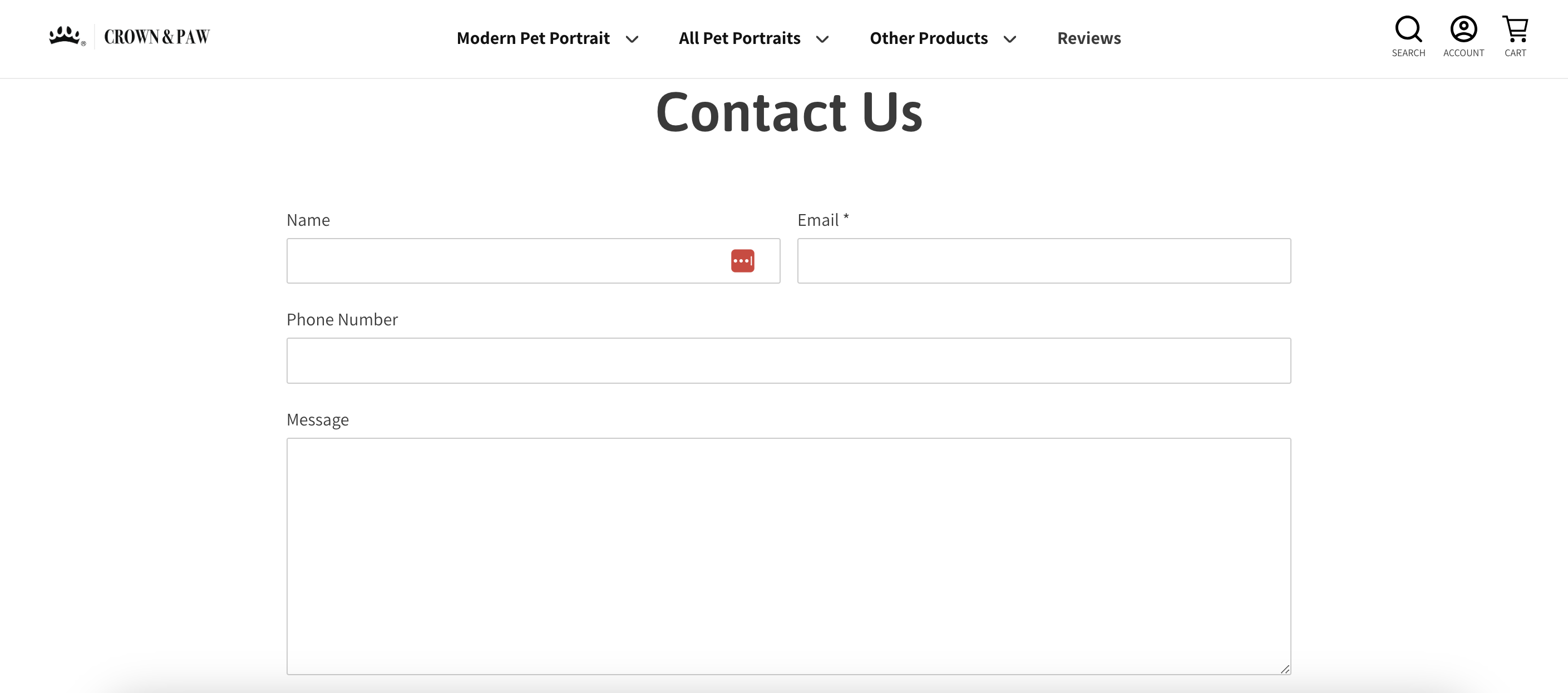 Crown and Paw's contact page only asks for basic contact info, which provide visitors with a streamlined experience.