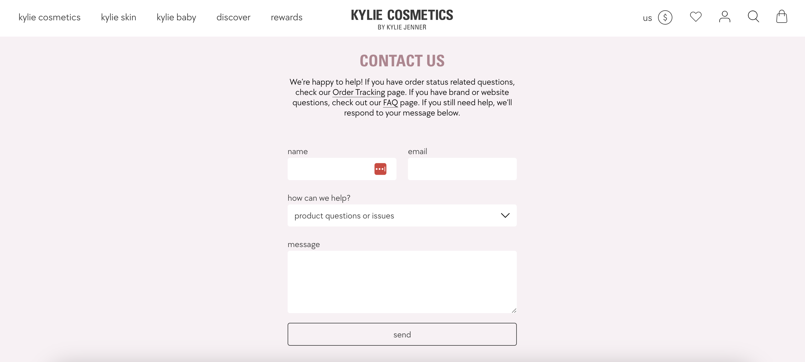 Kylie Costmetics's contact page encourage users to visit order tracking page, if they wish to know more about their orders.