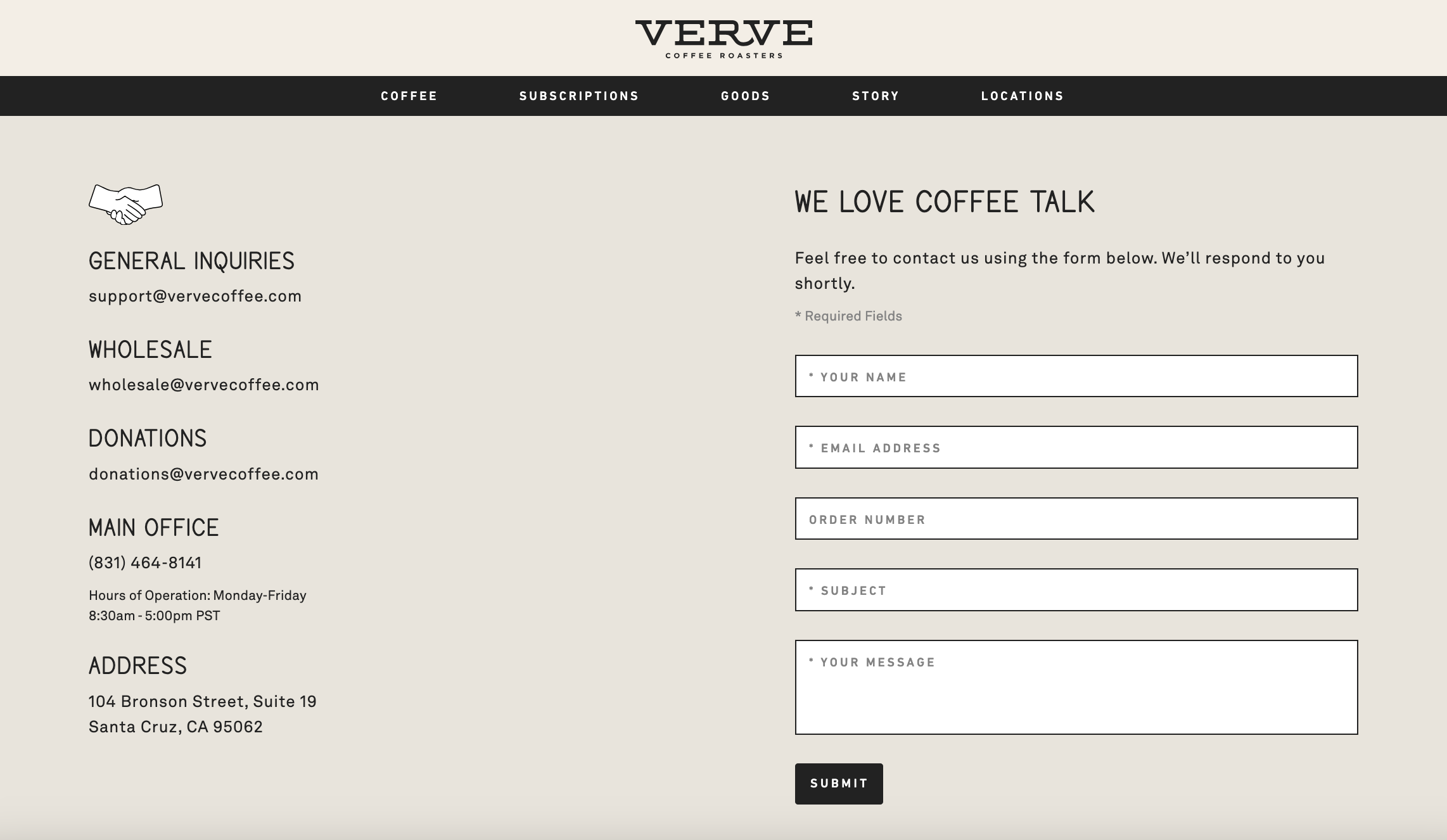 Verve coffee's highlights the important contact details for the site visitors.