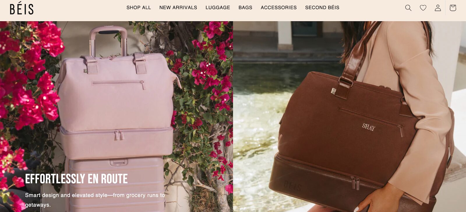 A minimalist headline that captures the brand’s mission to make travel feel effortless and stylish, using just three words.