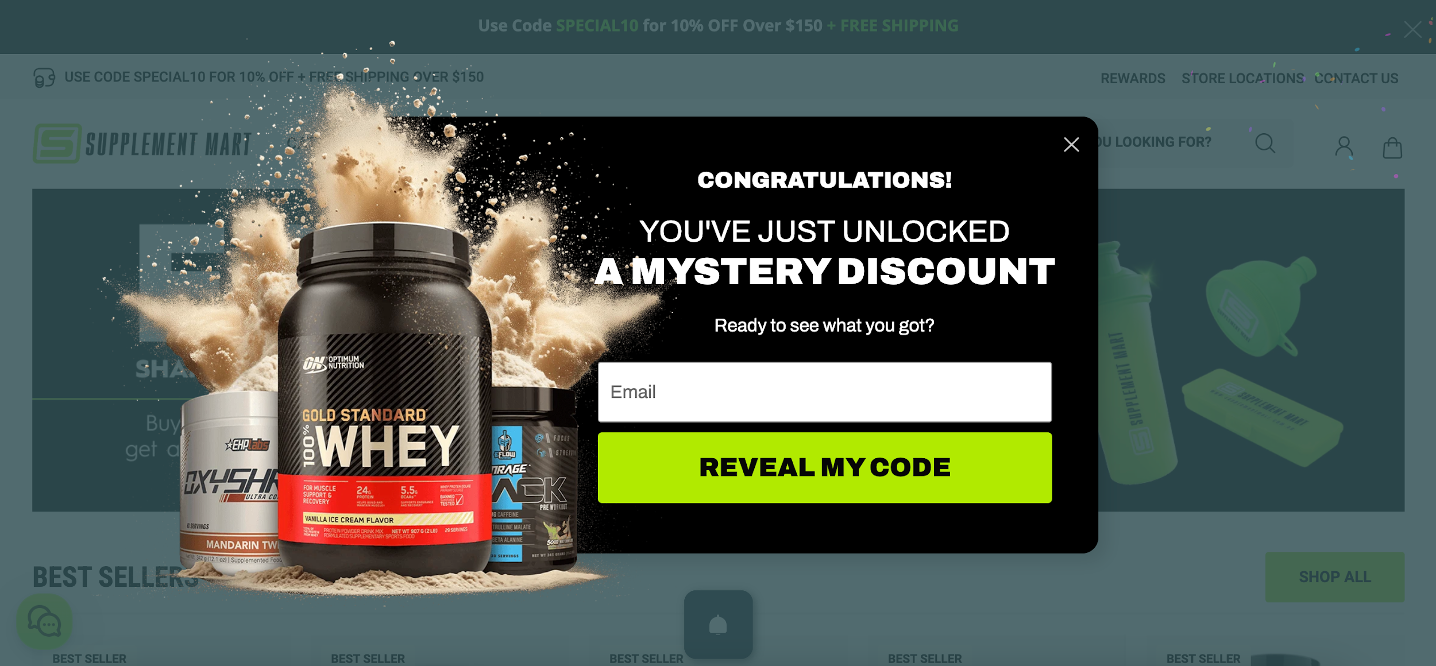 Supplement's mystery discount website overlays are sparking curiosity to engage visitors