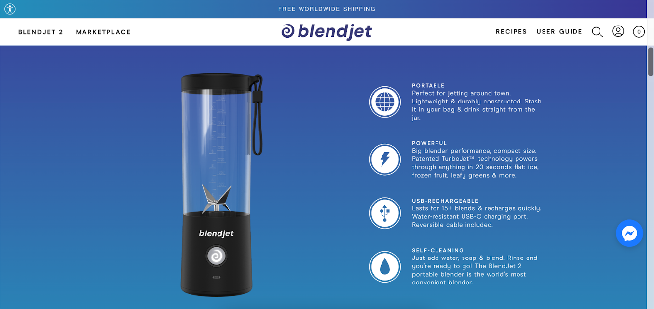 Blendjet landing page with several value propositions