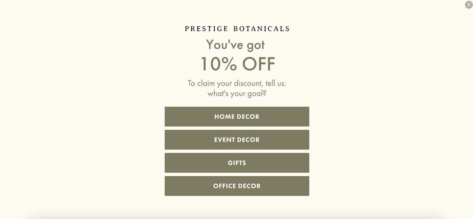 Prestige Botanicals mobile friendly welcome mat popup with options for home, event, or office decor.