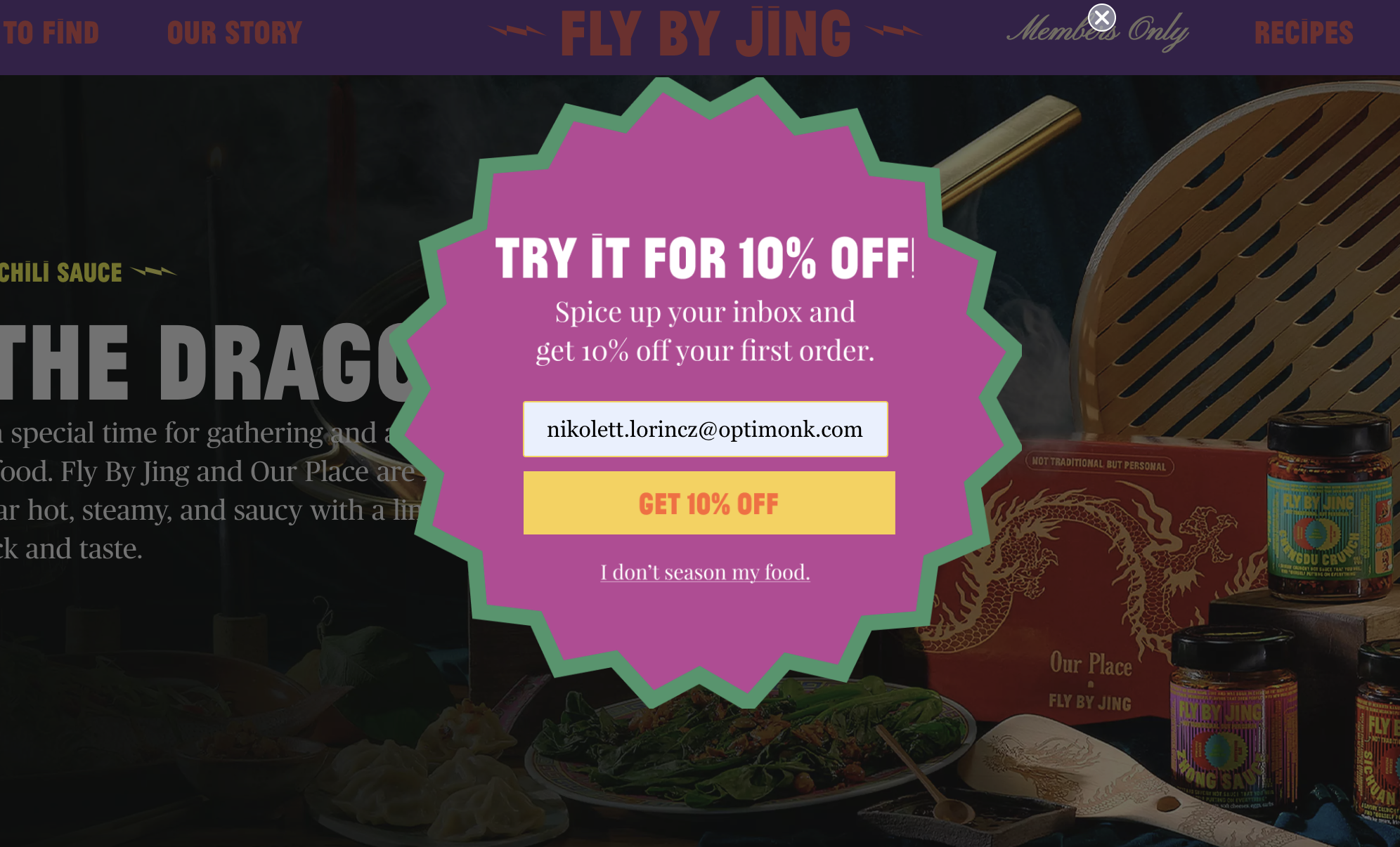 Fly by Jing's welcome popup example is using bright colors and engaging copy