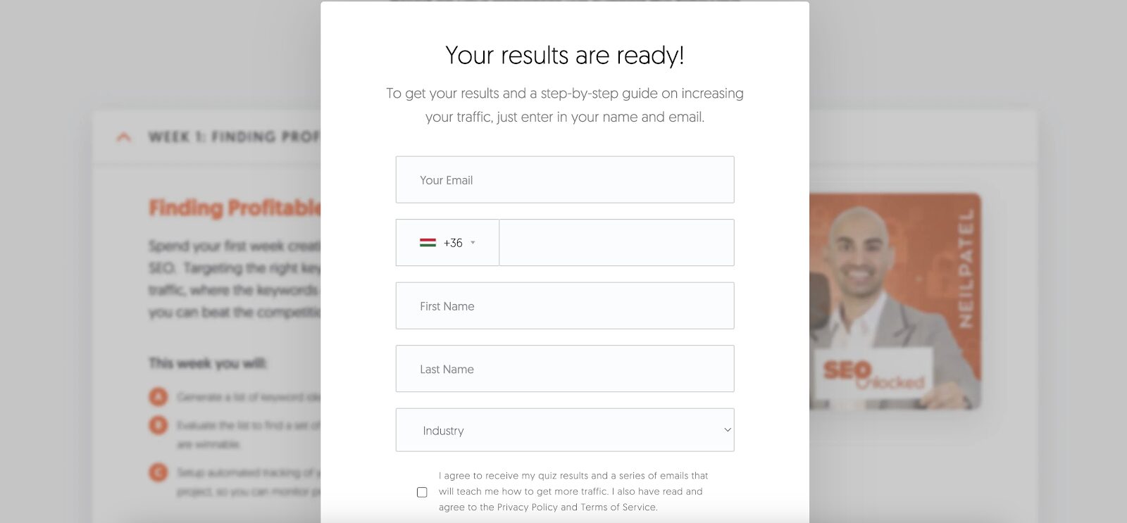 Neil Patel generates leads with a simple form and they only ask for name and email address