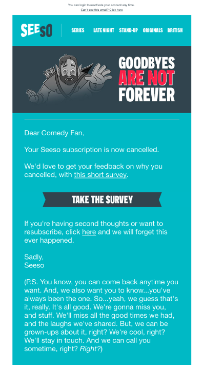 Win-back email examples from Seeso