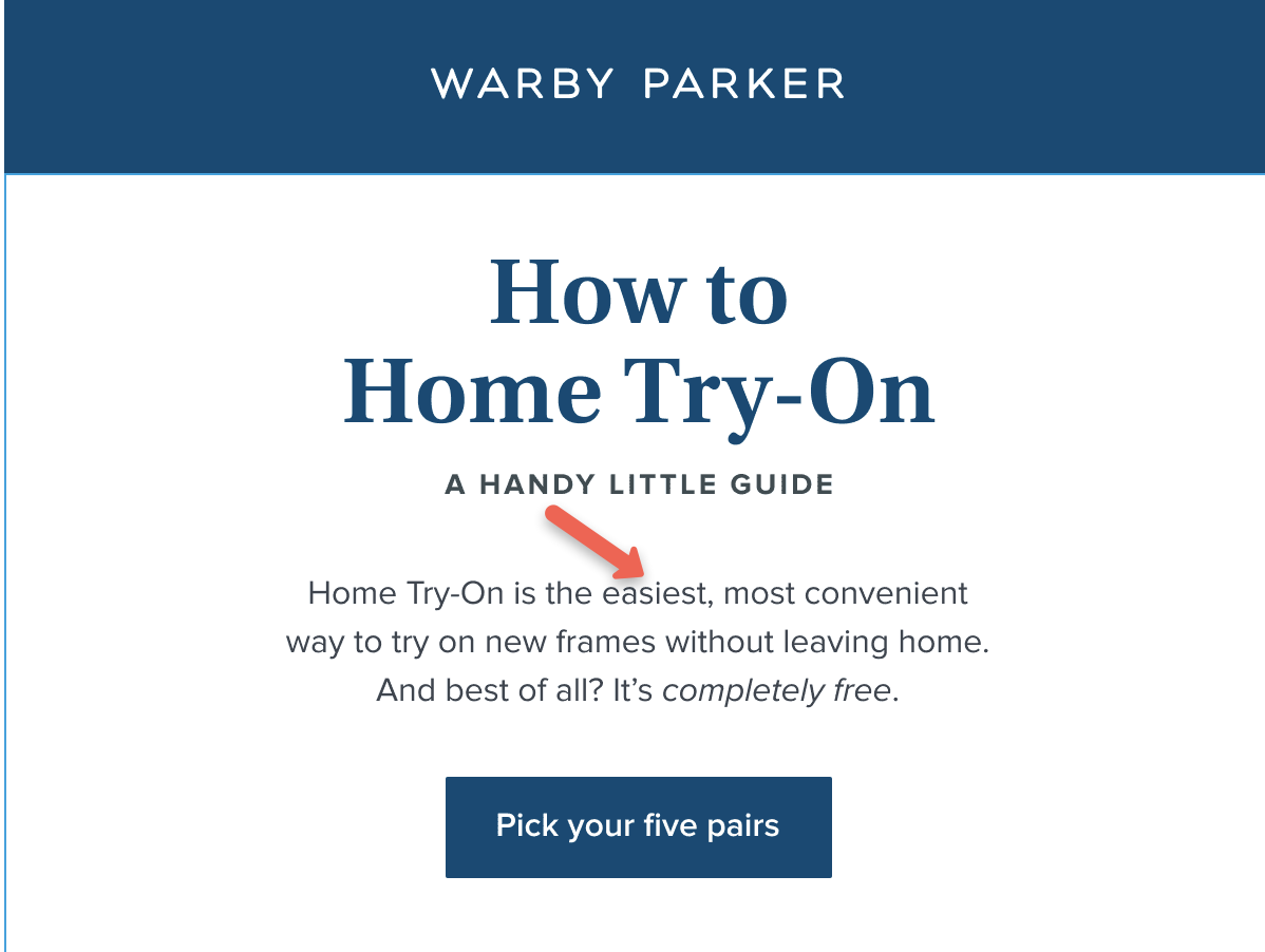 Warby Parker email example using words that sell