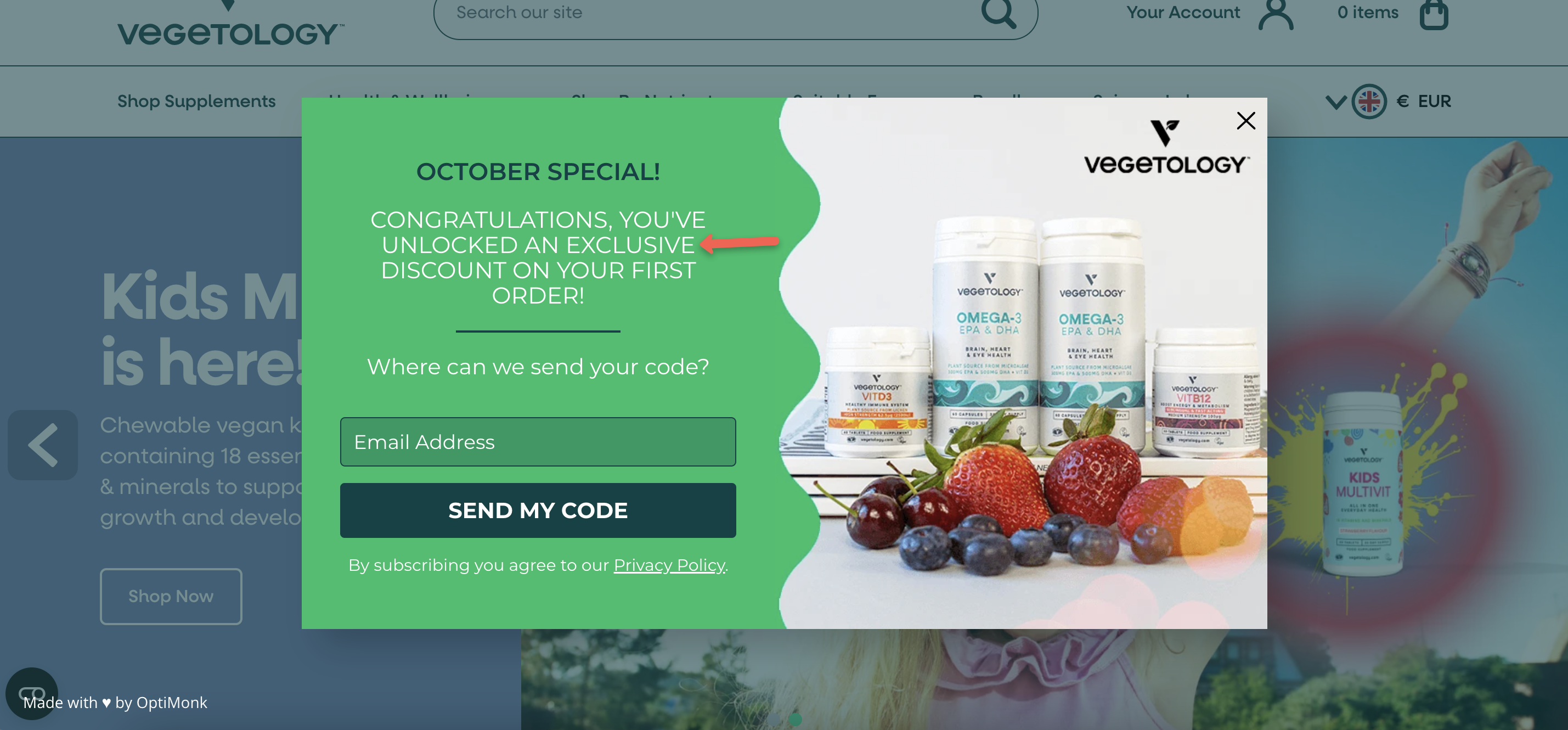 Vegetology popup example using words that sell
