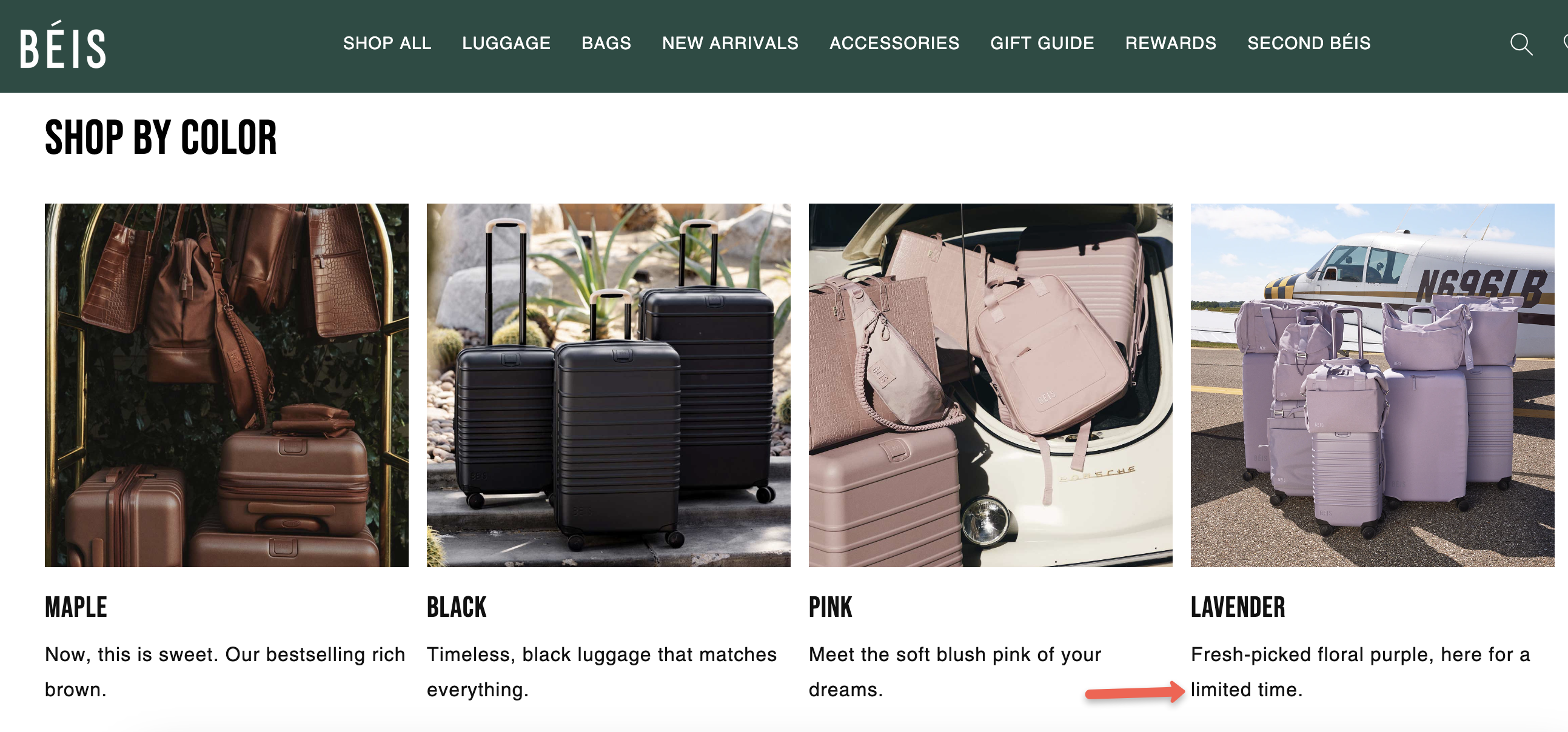 Béis Travel website example using words that sell