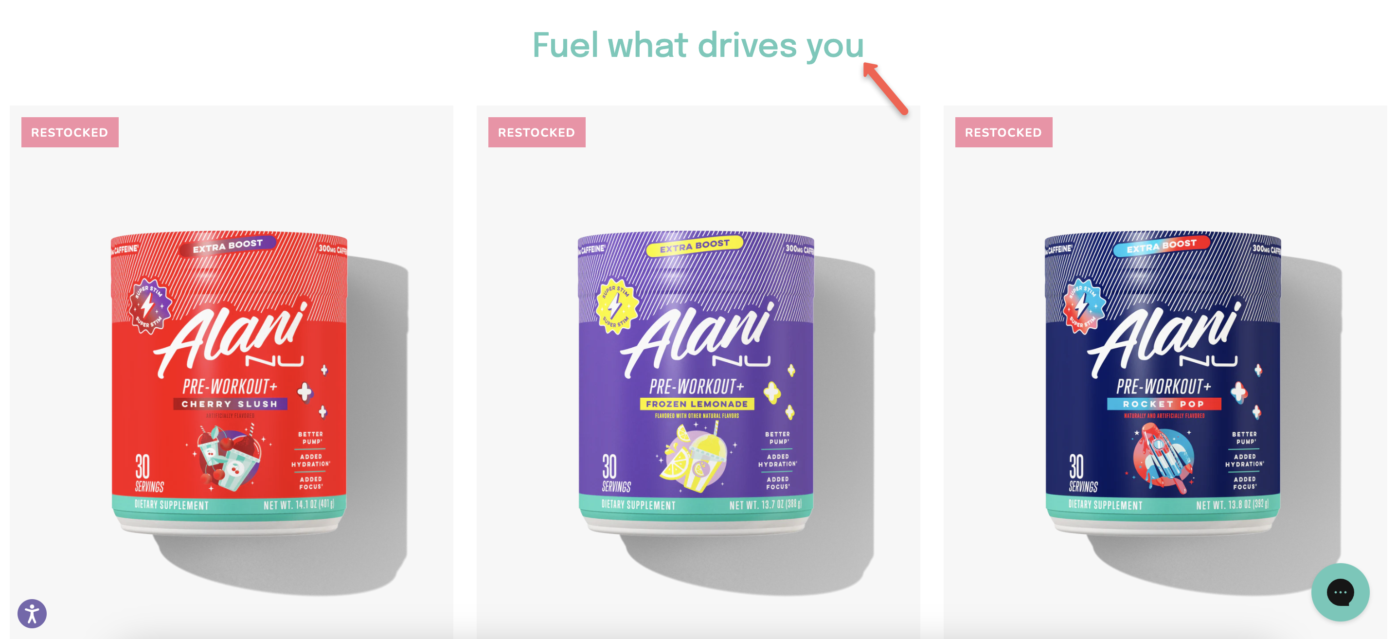 Alani Nu website example using words that sell
