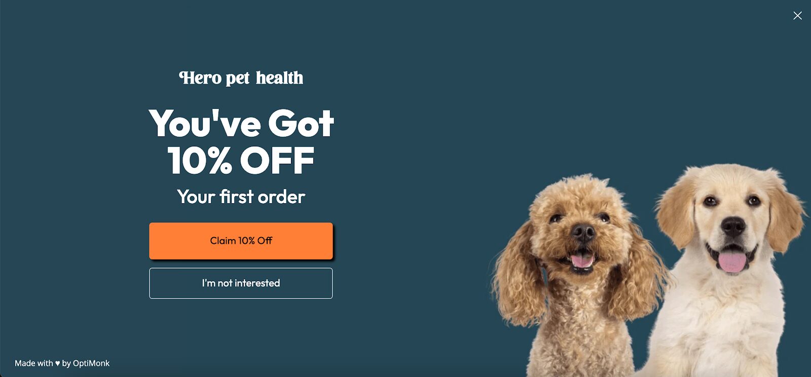 Hero Pet Health home page popup offering a discount.