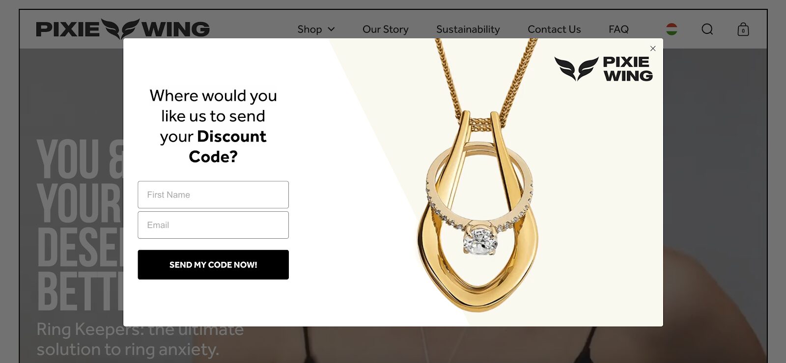 Pixie Wing’s popup announcing an exclusive discount with a send code option.
