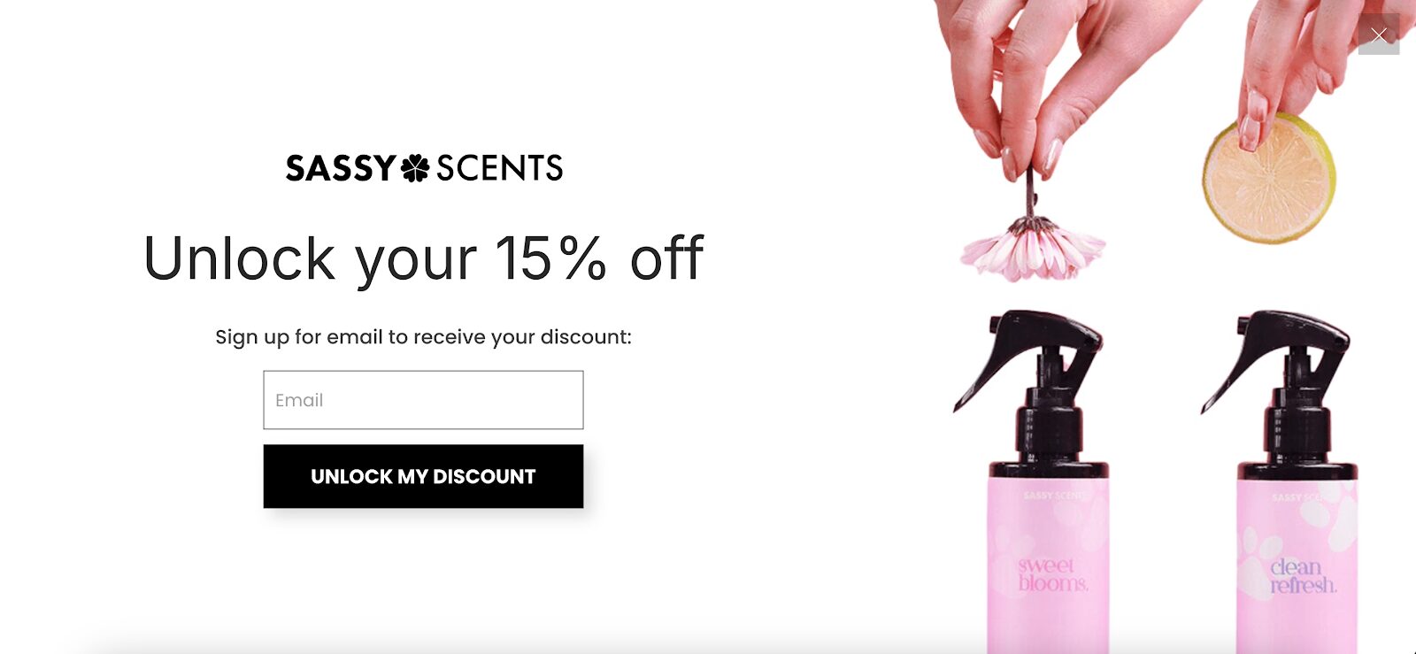 Sassy Scents popup offering 15% off with urgency-driven yes or no buttons