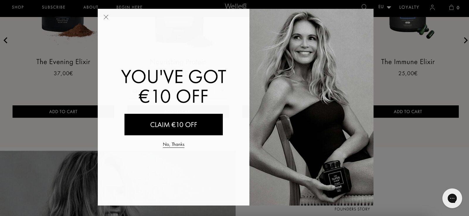 Welle Co popup presenting a $10 EUR discount for new visitors with claim or decline options.
